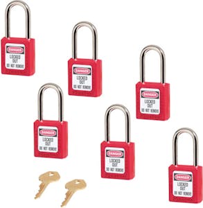 410 PADLOCK, KEYED ALIKE, RED, 6/BOX